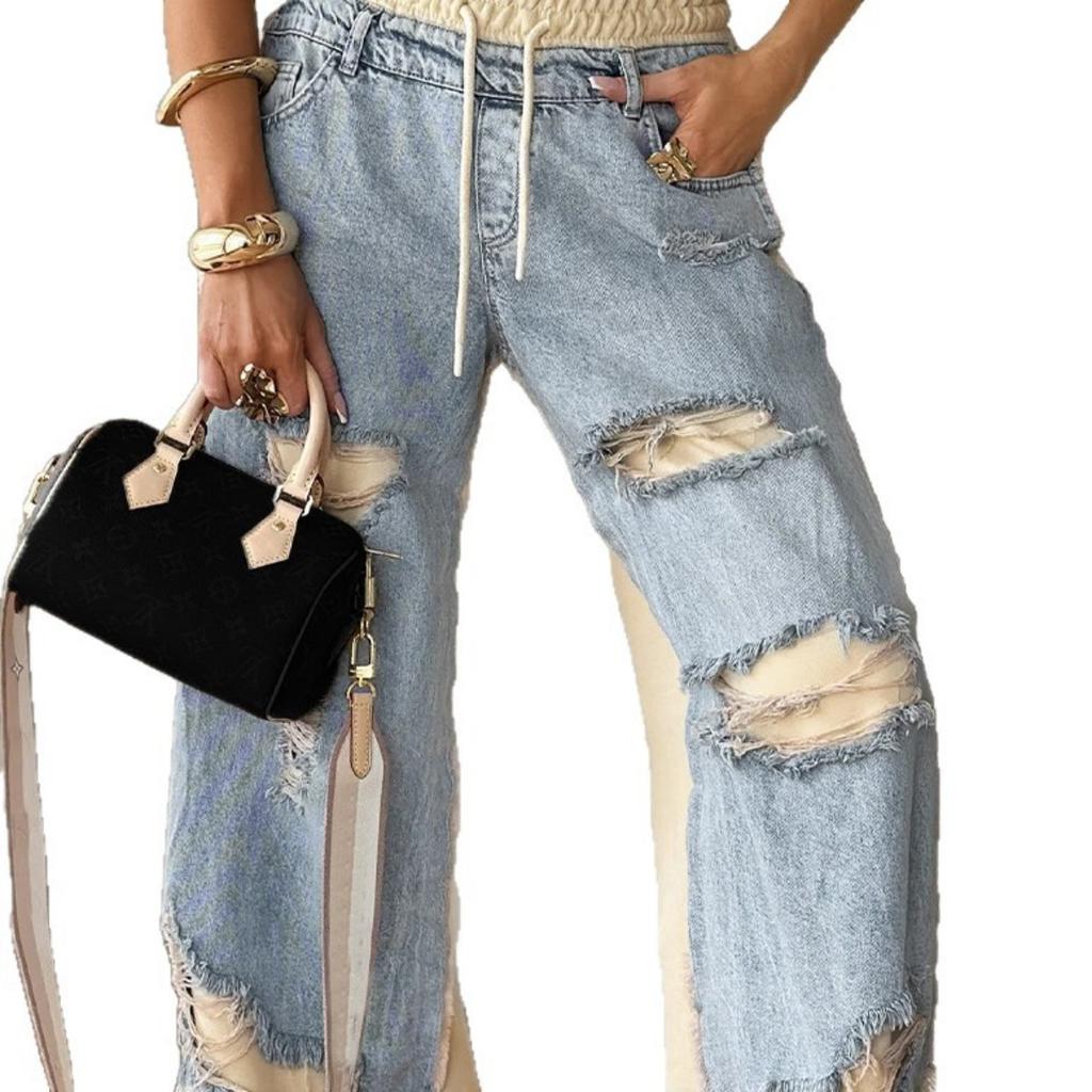 Ladies' High Waist Straight Leg Jeans - Street Style Sewing and Tearing Jeans, Regular Style Elegant Fashion Set, High Waist Jeans