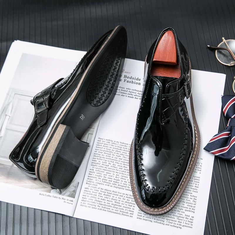 Luxury Men Patent Leather Dress Shoes Pointed Toe Platform Buckle Strap Men Business Wedding Leather Shoes Plus Size 38-46