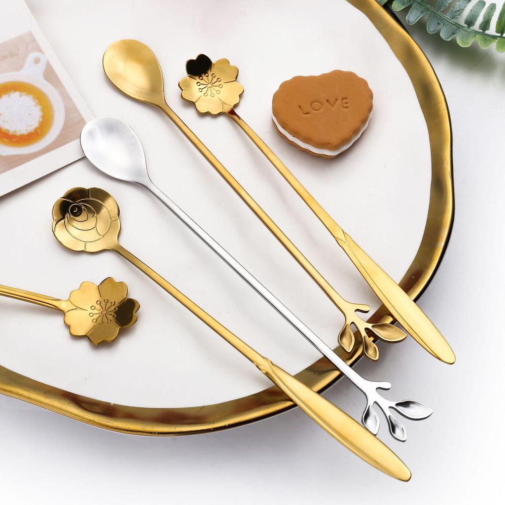 Set di Cucchiaio e Forchetta a Foglia in Acciaio Inossidabile - Miele, Mescolino, Cucchiaino da Caffè - Sacchetto Regalo per Matrimoni