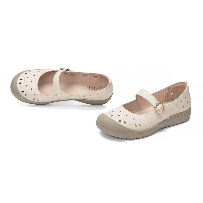 Cowhide Warm and Breathable Hollow Mary Jane Single Shoes
