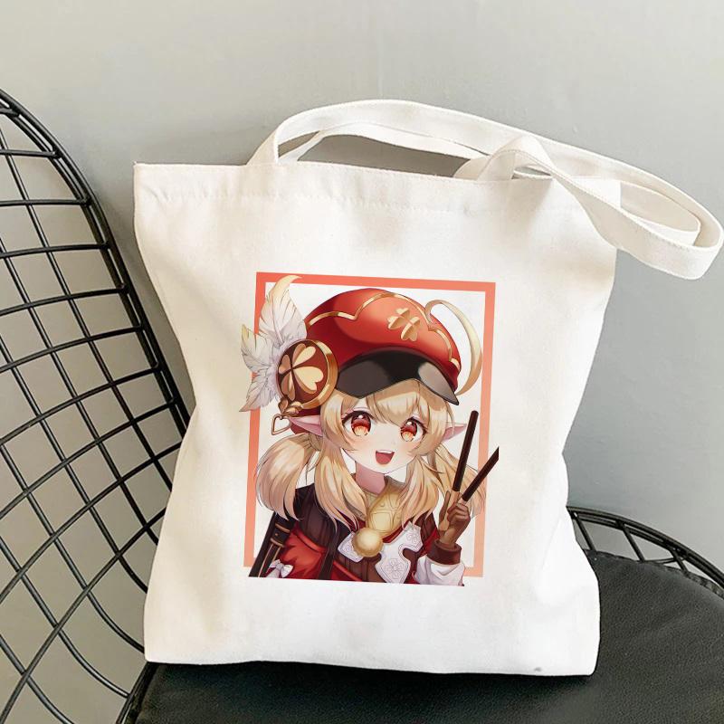 Shopper Genshin Impact Qiqi Anime Shopping Bag Harajuku Canvas Bag Large Capacity Collapsible Kawaii Women Shoulder Bag Handbag