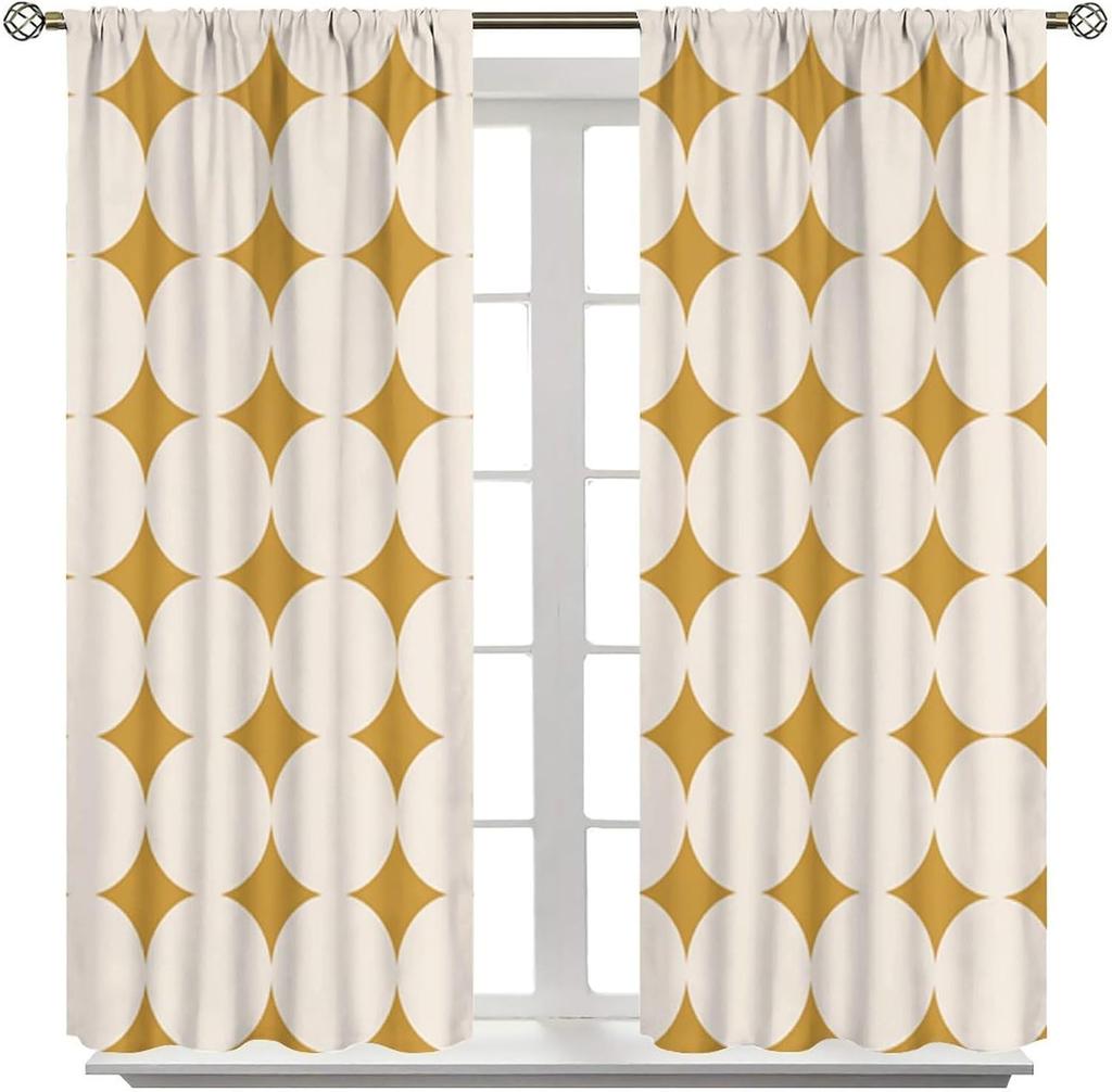 Mid-Century Vorhang, Gelb Vintage Abstrakt Boho Fensterdekoration Moderne Geometrische Kreise Kreisförmig Klassisch Retro 50er Jahre Bauernhaus