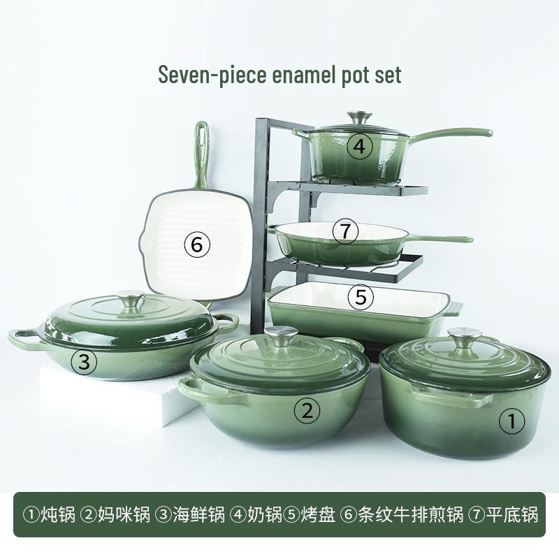 Seven-Piece Cast Iron Enamel Cookware Set: Includes Frying Pan, Flat-Bottom Pot, Stew Pot, Seafood Pot, and Mommy Pot