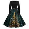 Women's Fashion Round Casual Slim Fit Christmas Print Large Swing Long Sleeve Dress