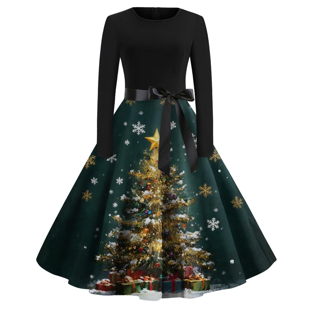 Women's Fashion Round Casual Slim Fit Christmas Print Large Swing Long Sleeve Dress