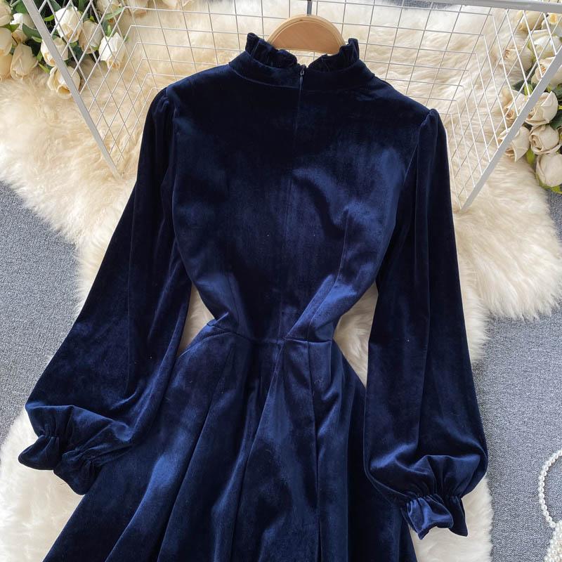 Hohe Qualität Herbst Winter Frauen Vintage Palace Samt Party Kleid Mode Stehen Kragen Lange Midi Casual Velour Kleider