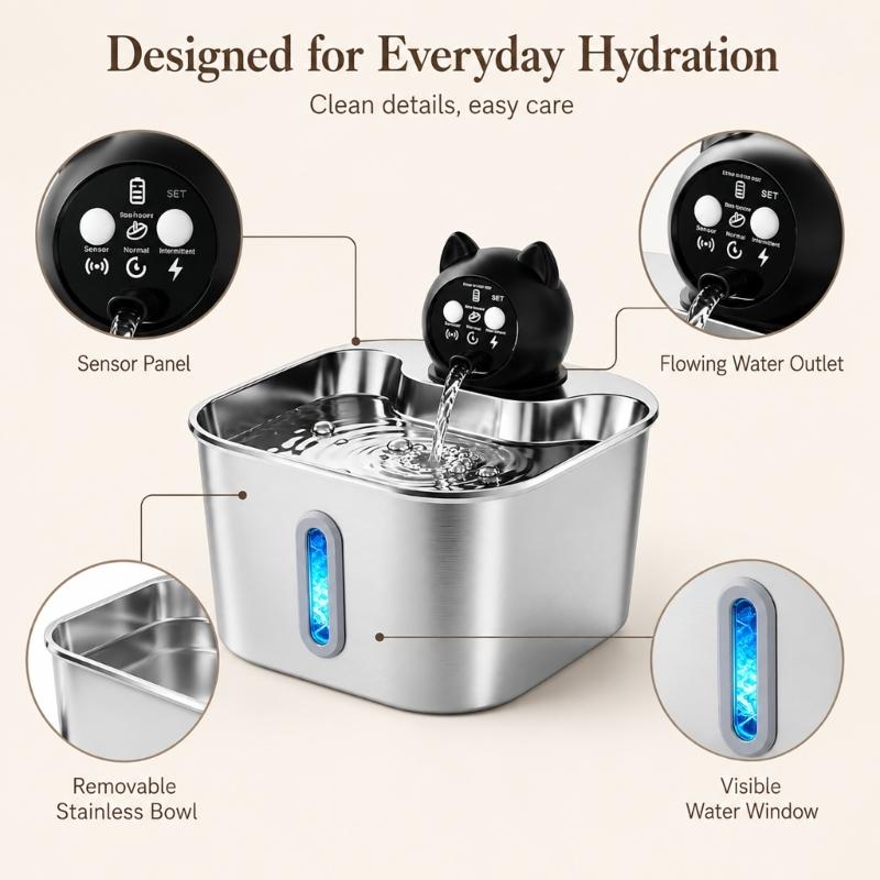 Pet Fountain Motion Activated Waterer for Small Kitten Animal Households, 3.2 L Indoor Drinking Fountain with Metal Bowl for Routine Household Use