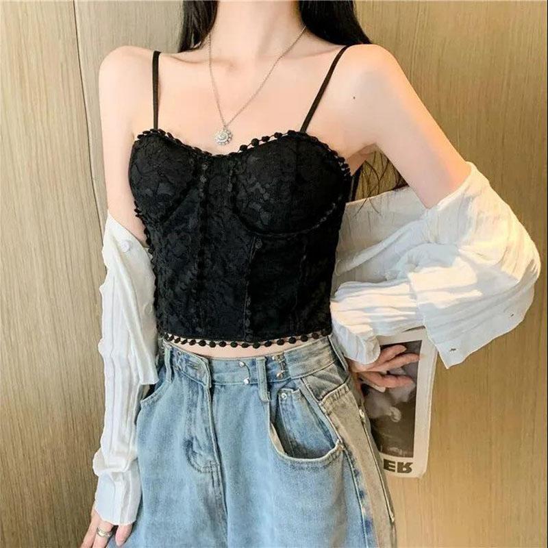 Lace Embroidery Flower Elastic Back One-Piece Tank Tops Crop Tops Women Thin Camis Wrap Chest Tube Top Summer Thin Top