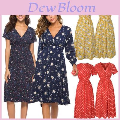 V Mujer Cuello Boho Floral Vestido Midi Manga Corta Verano Playa Vestido de Sol Casual