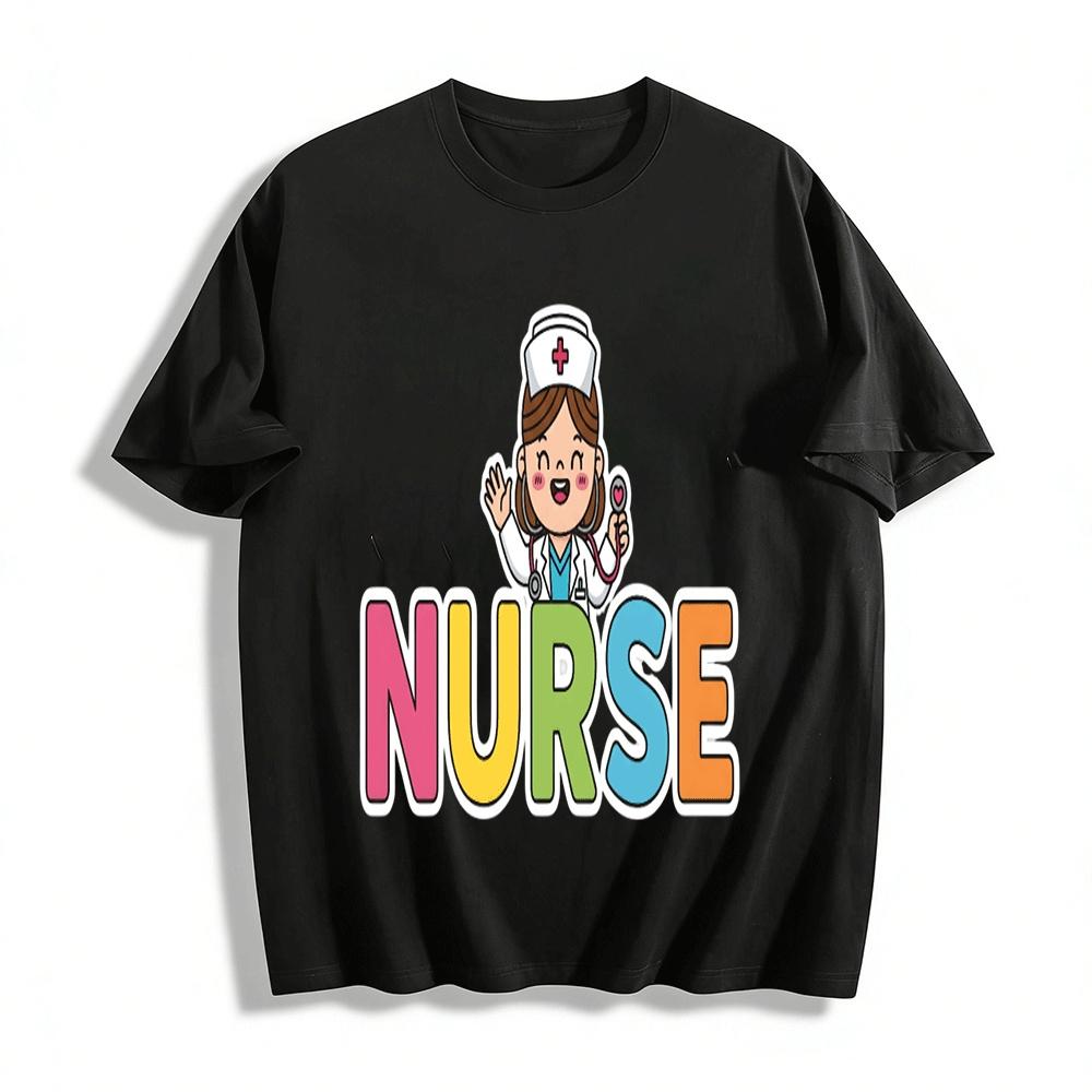 

Cute Nurse Graphic Print Casual Top For Medical Workers Pure cotton T-shirt XXS