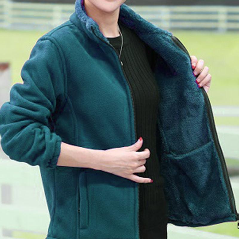 Mid Age Polar Fleece Jacket Women Stand Collar Winter Plush Lined Thick Warm Plus Size Womens Clothing Mom Wear Cardigan Hoodie