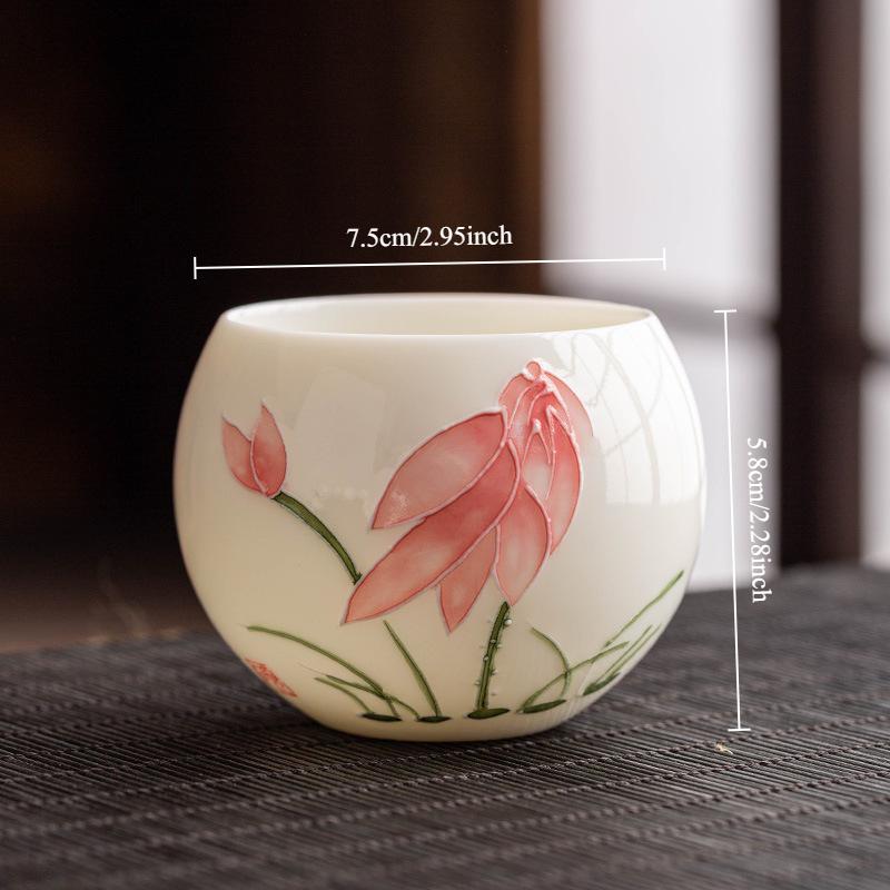 Hand Drawn Relief Sheep Fat Jade High End Ceramic Tea Cup Single Cup