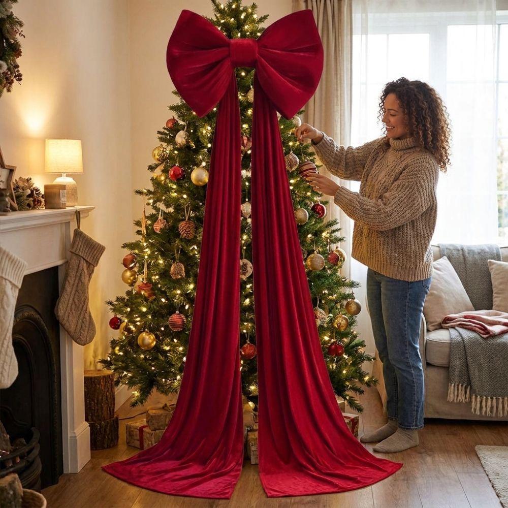 Long Streamers Christmas Tree Topper Bow Solid Color Tree Bow with Long Tails  Fireplace Decor