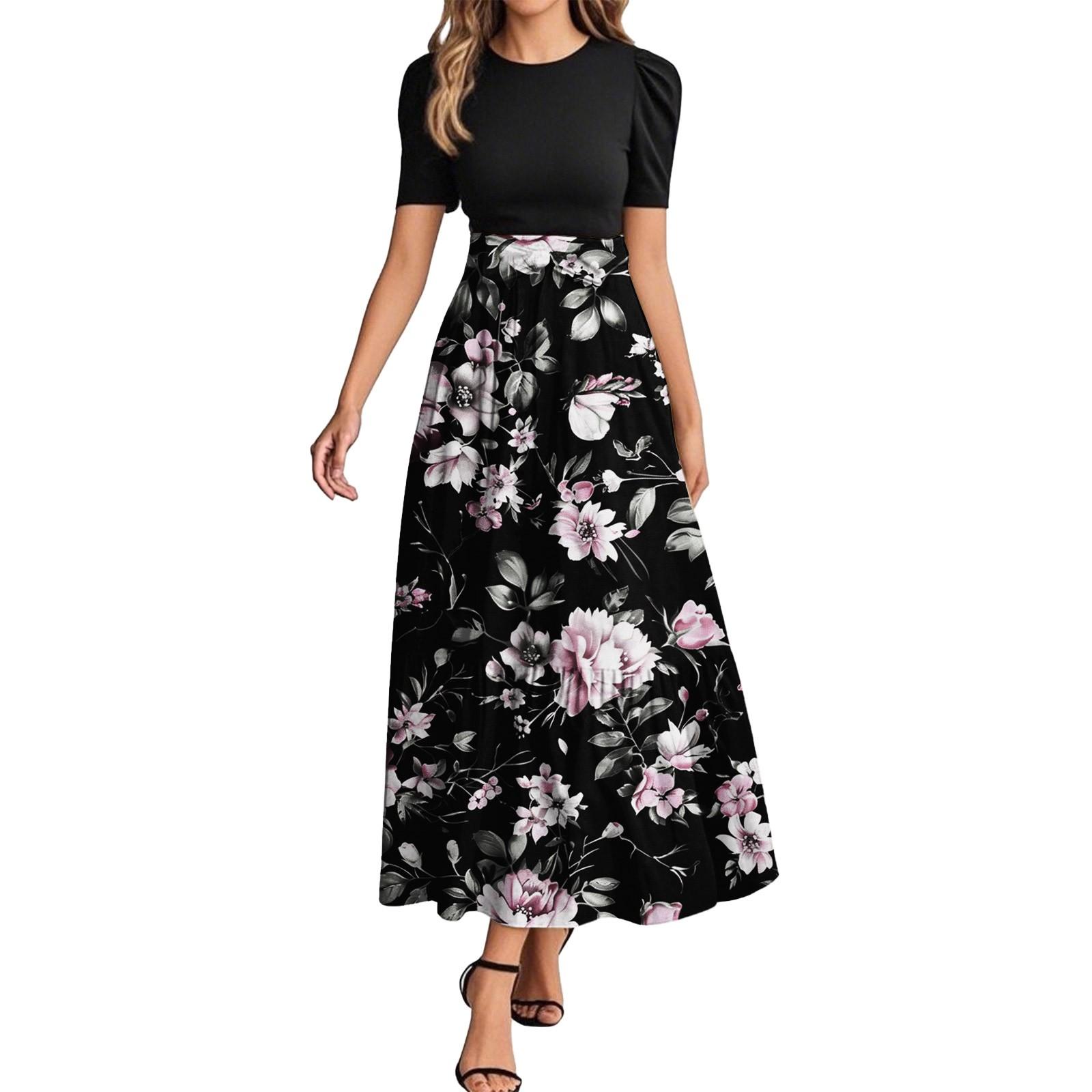 

Женское модное повседневное платье с коротким рукавом и круглым вырезом с цветочной вышивкой, элегантное, темпераментное M тёмно-синий