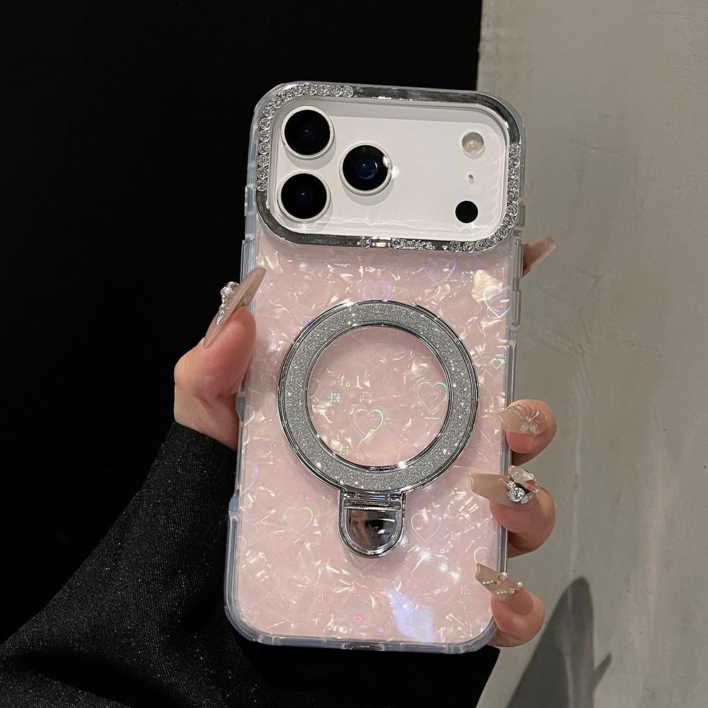 KEYSION Magnetische Muscheltextur Juwelenbesetzte Handyhülle für iPhone 14 15 17 Pro Max Air 16Plus Stoßfestes Panzer-Ringständer-Backcover