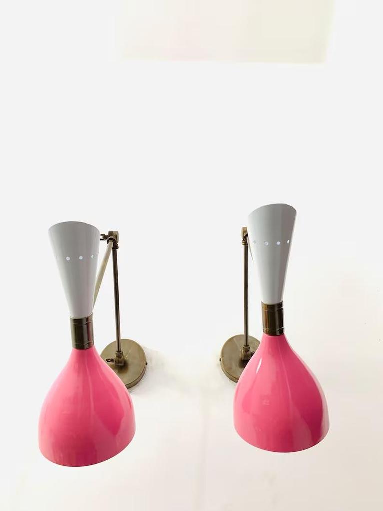 Mid Century Italian Brass Wall Sconce: Pink & White Diabolo Lamp