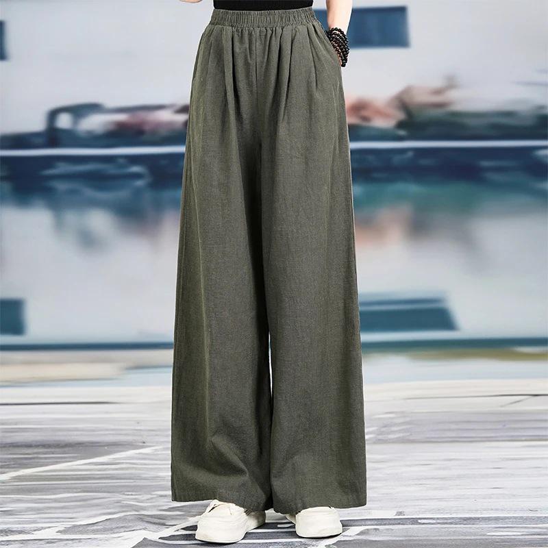 

Женские хлопково-льняные брюки с широкими штанинами и высокой талией - Весенне-летние повседневные ретро M