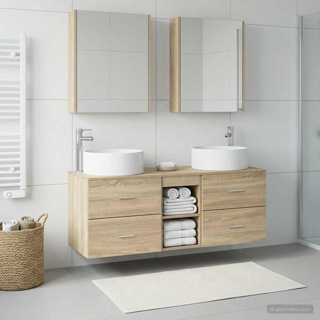 5 Piece Bathroom Furniture Set Sonoma Oak Engineered Wood and Glass
