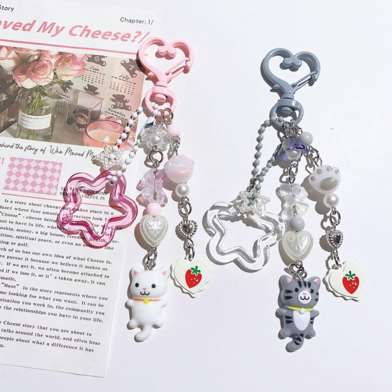 Y2K Creative Personality Kitten Keychain Cute Cartoon Cat Keyring Phone Lanyard Ins Style Girly Key Holder Camera Pendant