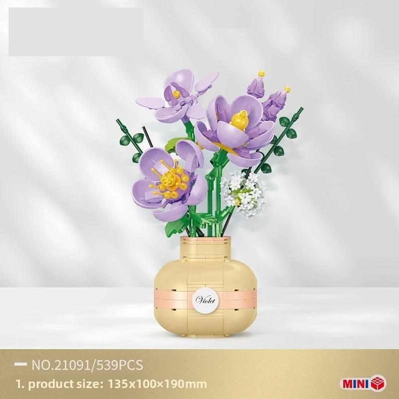 Rose Violette Vase Bausteine Sonnenblume Blumenstrauß DIY Kreatives Spielzeug für Kinder und Erwachsene