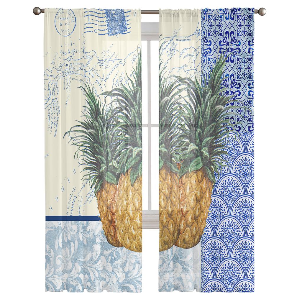 Blå och vit porslinstextur Ananas Tyllgardin Voile Transparent för Sovrum Vardagsrum Kök Skira Fönstergardiner