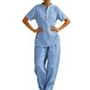 Women's Light Blue Short Sleeve Button Front Top and Wide Leg Pants Set