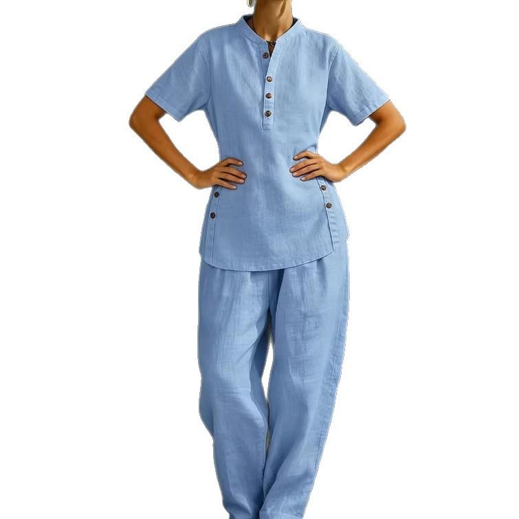 Women's Light Blue Short Sleeve Button Front Top and Wide Leg Pants Set
