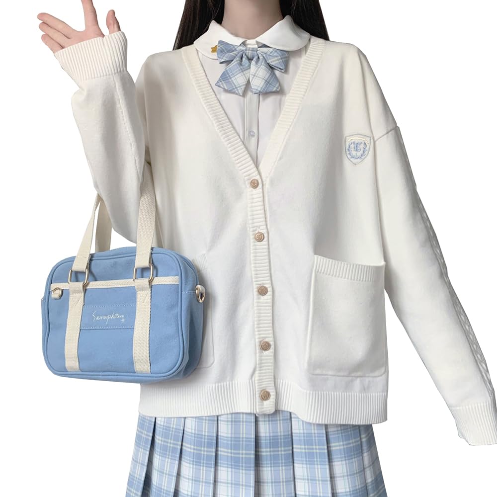 

TTYAO REII Knit Cardigan for School JK Long for Cold Weather All Year Simple Solid Color Uniforms, V-Neck, Gray, Sleeves, Cotton, Girls, Protection, білий