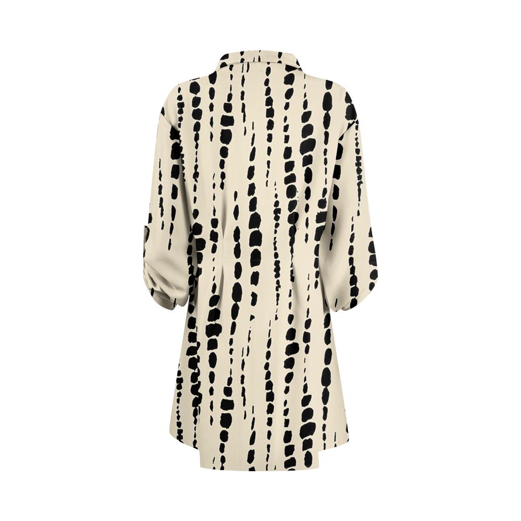 Damen Locker sitzendes V-Ausschnitt Langarmkleid Druck Arbeitshemdkleid