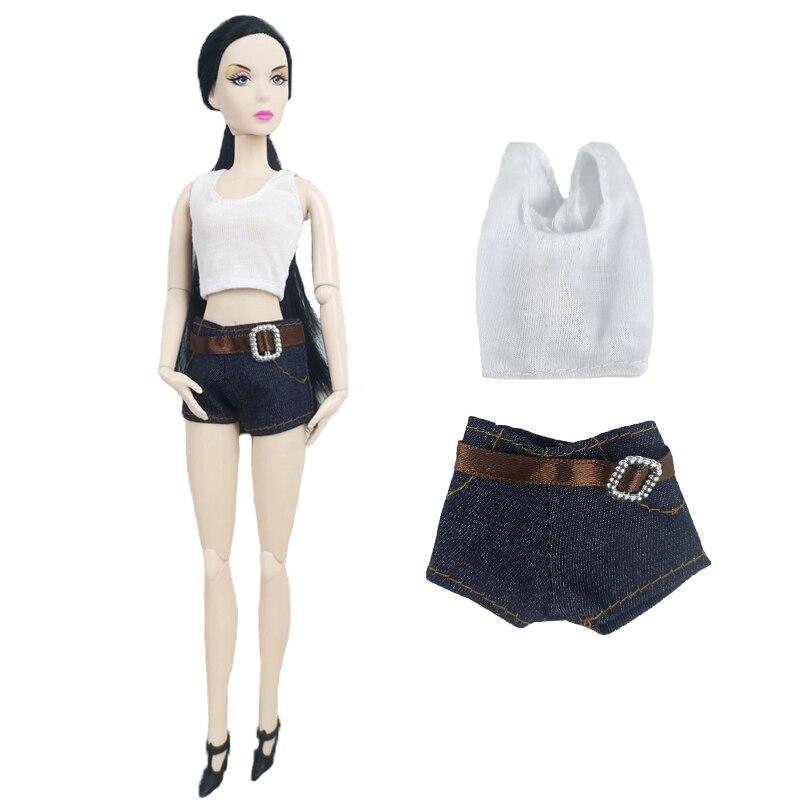 O Neck Sleeveless White Tops + Short Jean Pants Clothes for Barbie Doll 1/6 BJD Doll Clothes Doll House Accessories Kid Toy Girl