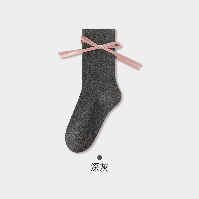 

College Style Socks Women S Streamer Bow Ballet Style Medium Tube Stacking Socks Japanese Solid Color Spring And Autumn Women S Stockings Stockings One size fits all темно-серого
