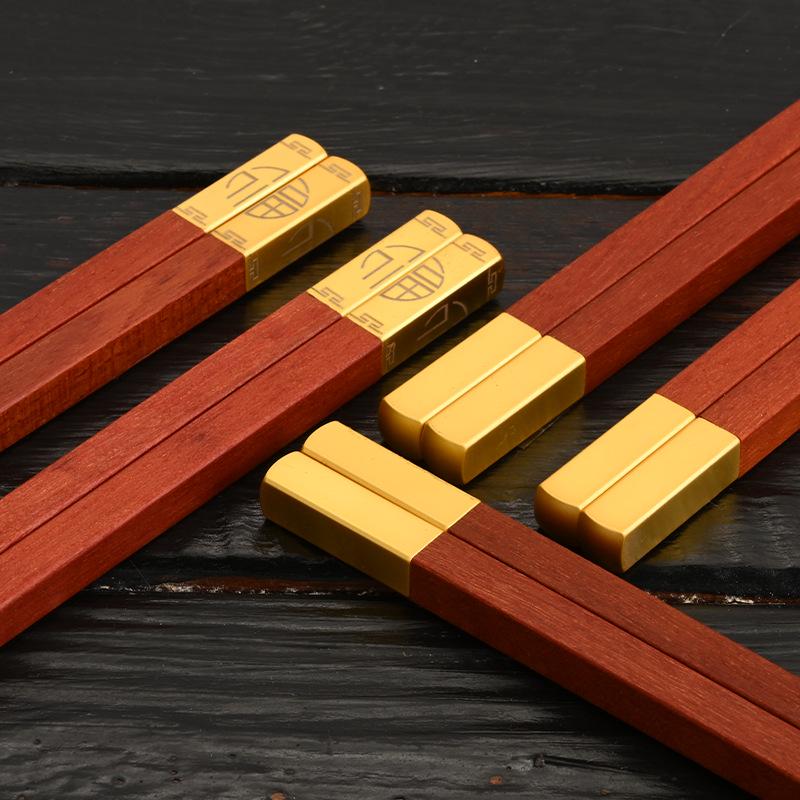 Gold & Silver Thread Red Sandalwood Chopsticks with Engraved Logo - Gift Box for Household & Hotel Use