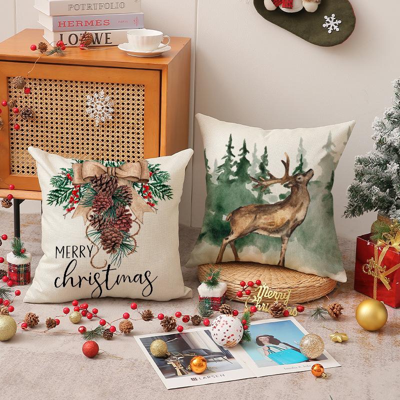 New Christmas Throw Pillow Case Linen Print Christmas Tree Decoration Cushion Living Room Versatile Sofa Cushion