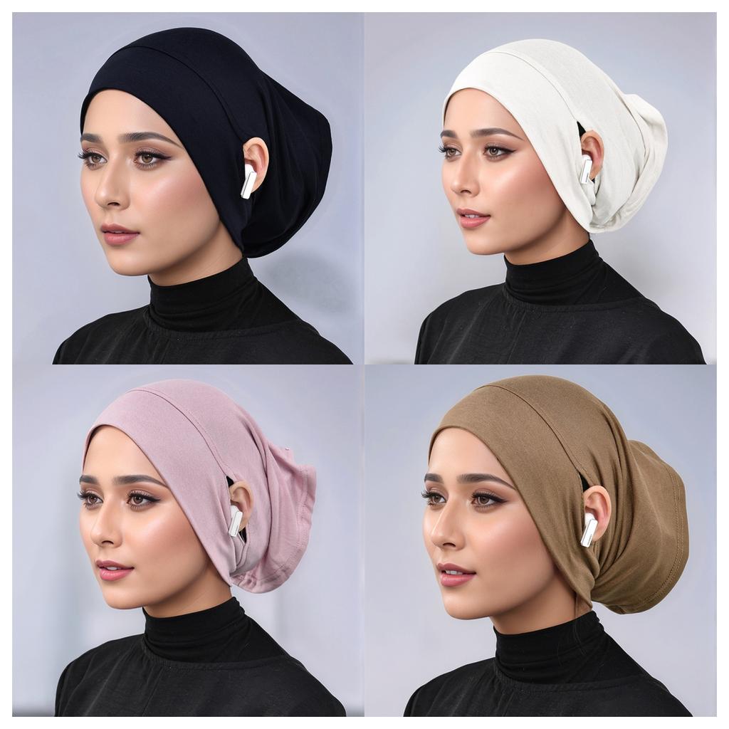 Solid Color Modal Under Cap With Ear Hole Hijab Caps Muslim Woman Hijabs Inner Scarf Lady Bandanas Cap Under Caps Soft Hijabs