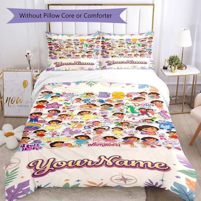 Dora Explorer Customize Your Name Bedding Set Breathable Duvet Cover with Pillowcases Home Decoration Birthday Gift