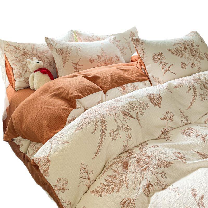 Class A Bamboo Cotton Double Layer Soft Four-Piece Floral Gauze Set for Mothers & Babies - Includes Student Dormitory Three-Piece Set