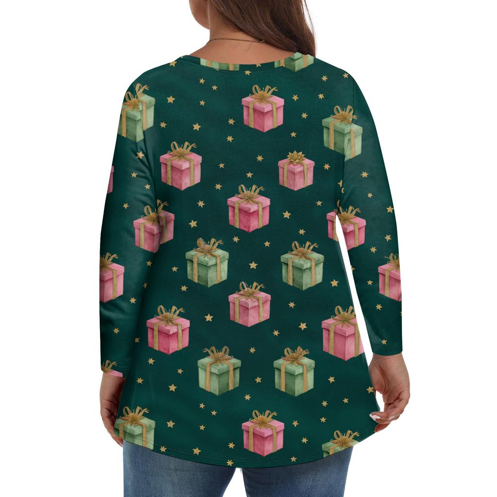 Women's Fashionable Casual Long Sleeved Plus Size  Print Top Plus Size Floral Print Top