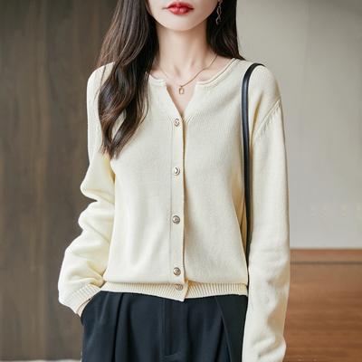 Spring and Autumn's New V-neck Rolled-up Knitted Cardigan Long-sleeved Solid Color Loose, Versatile and Elegant Top for Women