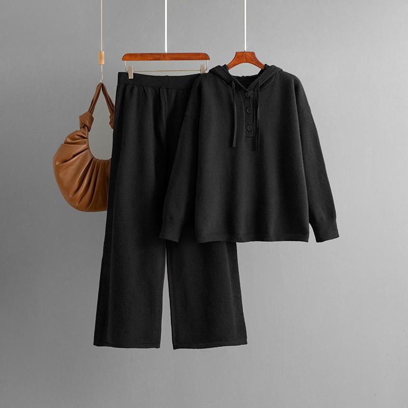 A New Autumn and Winter Knitwear Set Featuring A Hooded, Loose-buttoned Sweater and Wide-leg Pants for Women