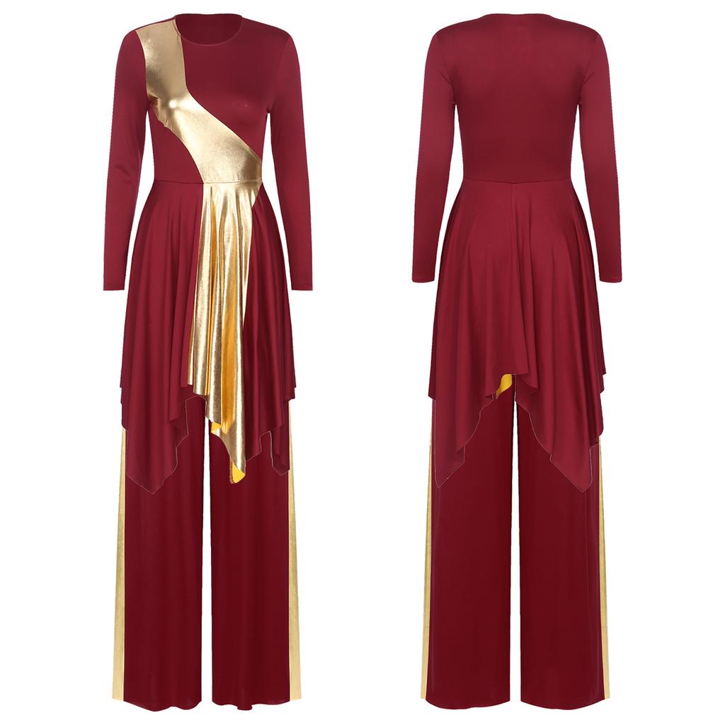 Women's Christian Dance Costume - Asymmetrical Metallic Dress with Wide-Leg Pants, Long Sleeve Worship Performance Wear