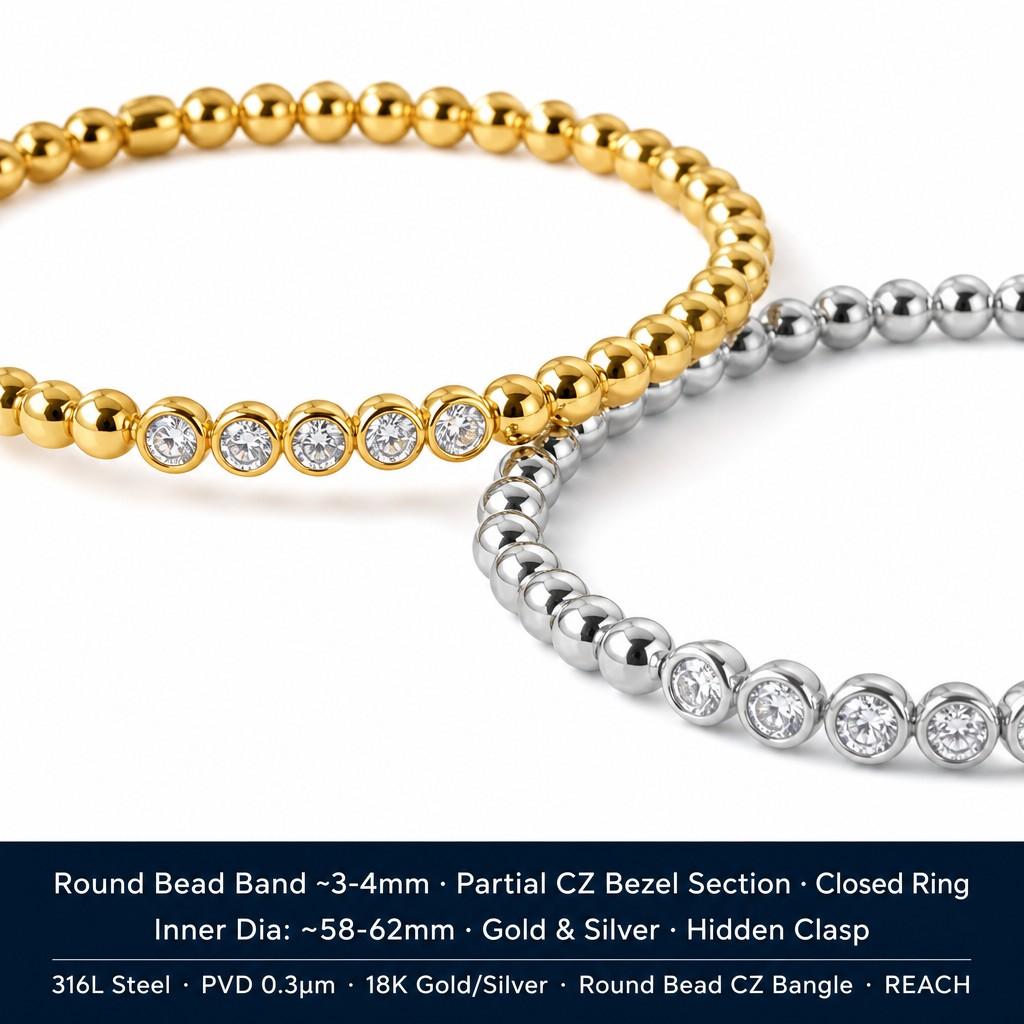 Ready to Ship18K Gold Plated Luxury Zircon Stainless Steel Anti Tarnish Jewelry Bead Fashion Bangle Bracelet for Women