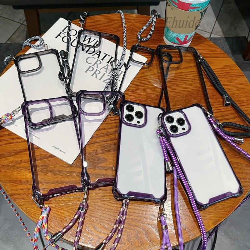 Lanyard Transparent Case For iPhone 15 Pro 14 13 12 11 Pro Max XR X XS Plus Crossbody Cord Four Corners Strap Shockproof Cover