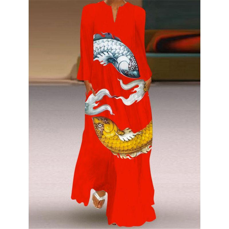 2025 Big Red New Year Clothes Women's Clothing Stage Show Performance Wear Loose and Elegant Dress Pocket Dress