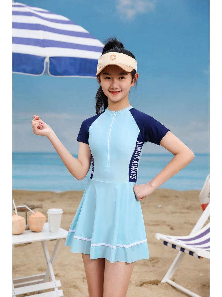 2023 Sporty One-Piece Skirted Swimsuit for Girls - Short-Sleeved, Plus Size, Hot Spring Swimwear for Kids