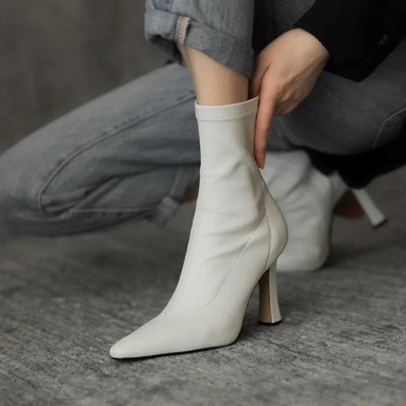 Women High Heel Short Leather Boots  New Boots Female Pointed Thin Heel Boots Ladies Ankle Short Boots