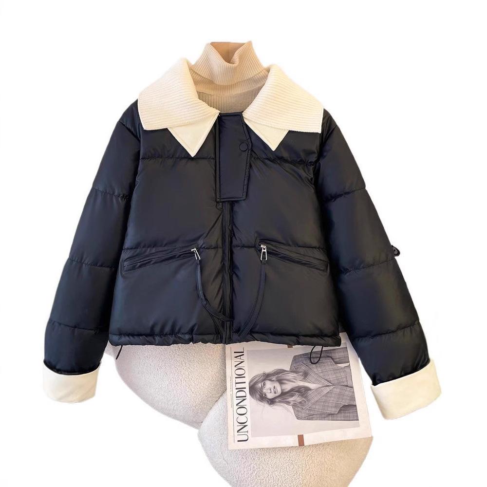 Knitted lapel short down cotton-padded jacket 's winter thickened PU leather splicing cotton-padded jacket