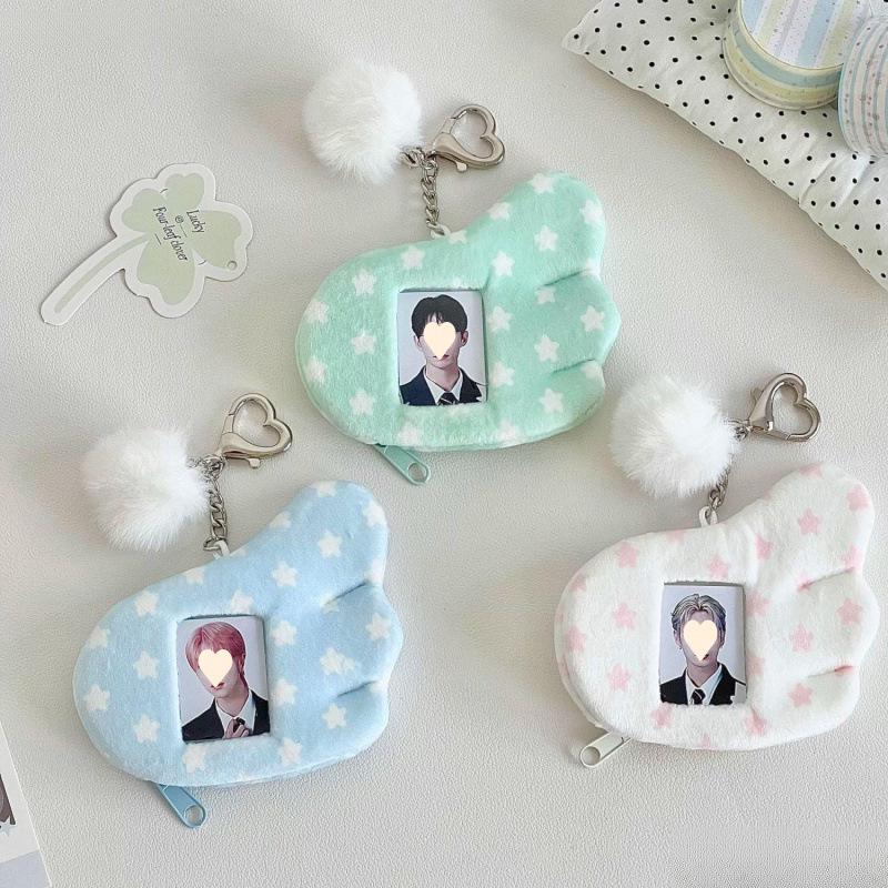Star Wings Plush Photo Card Holder Keychain - Stylish Small Card Sleeve & Backpack Pendant