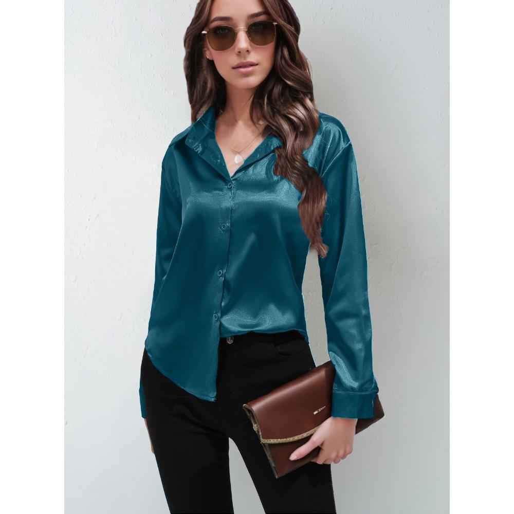 GMXIA Sateng Silkelignende Langermet Ensfarget Skjorte for Kvinner, Elegant Knappedetalj foran med Krage