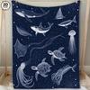 1pc Soft & Cozy Flannel Blanket - Oceanic Sea Creatures Print with Whale Shark, Manta Ray, Octopus, Turtles & Jellyfish - Dark B