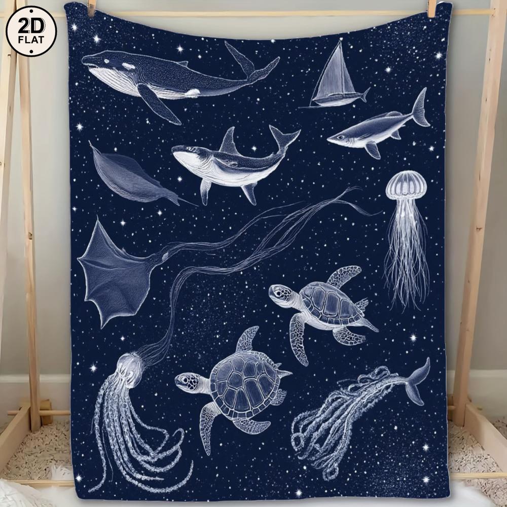 

1pc Soft & Cozy Flannel Blanket - Oceanic Sea Creatures Print with Whale Shark, Manta Ray, Octopus, Turtles & Jellyfish - Dark B 30x40in